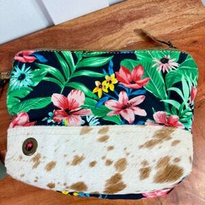 Myra Bag Tropical Floral Canvas and Cowhide Leather Wristlet Pouch KHE-S-1386